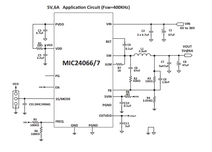 Schéma du circuit d'application - Microchip Technology Régulateurs Buck de commutation MIC24066/7